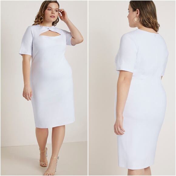 NWT Eloquii White Twist Front Cut Out Elbow Sleeve Sheath Dress - Picture 1 of 7